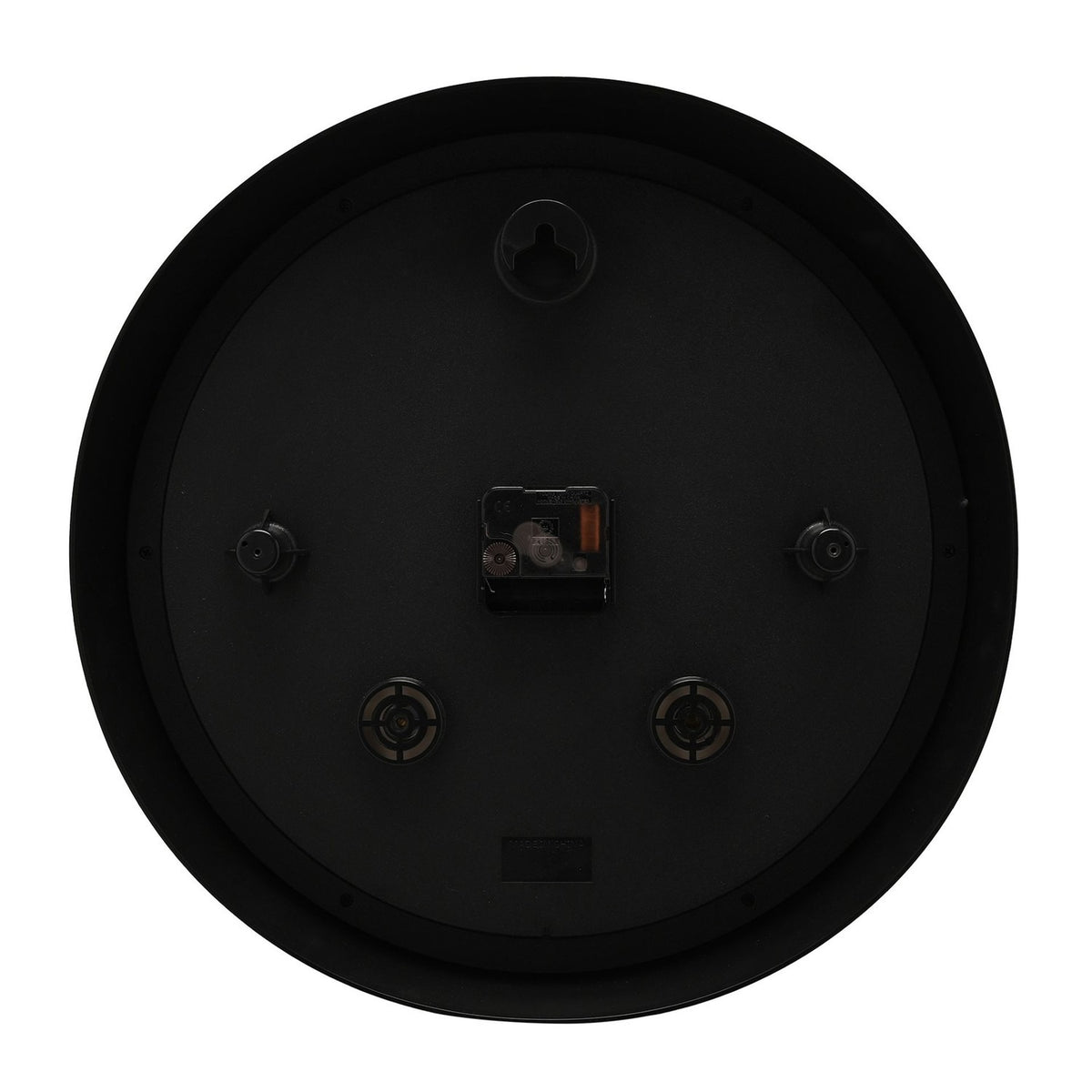 Rear view of the 45cm round Temperature & Humidity Gauge Wall Clock showing the black casing, clock movement, hanging hook, and mounting points on a plain background.