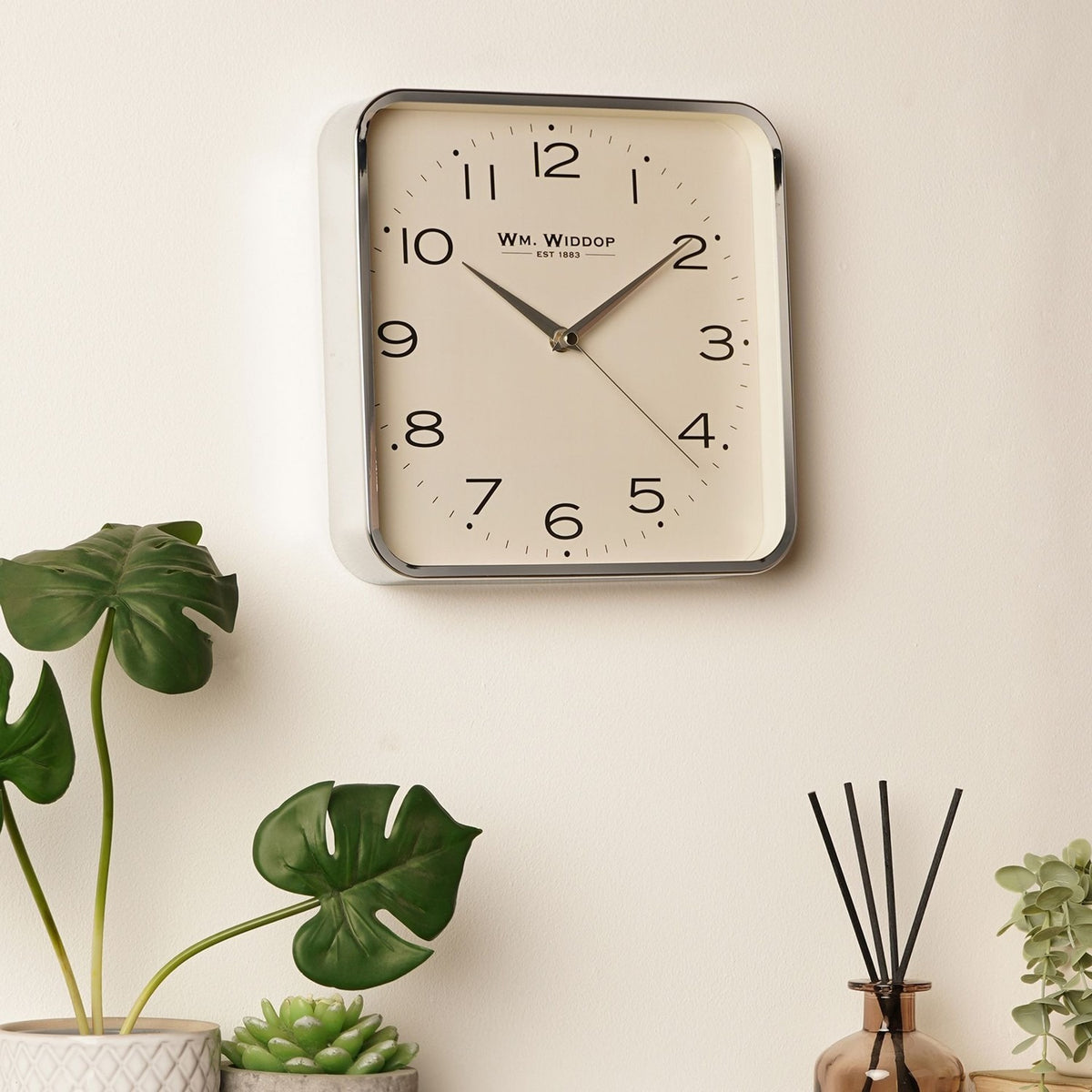 Square Analogue Metal Wall Clock 25.5cm - Silver & White