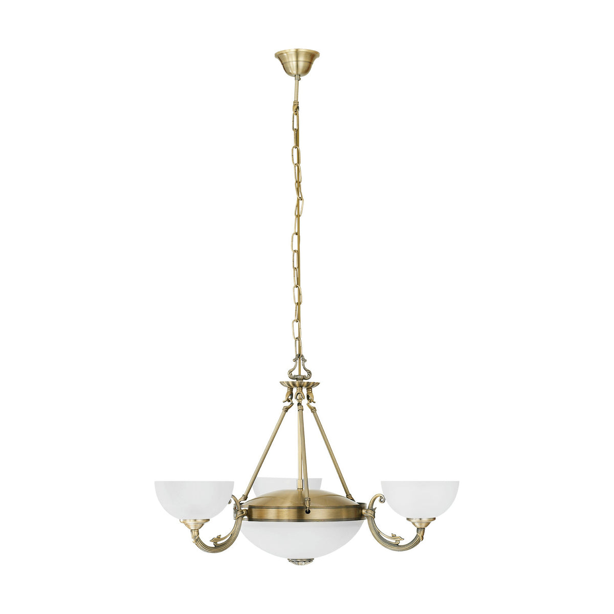 Walbane Glass 3-Light Pendant in bronze finish with scrolled arms holding white satin glass shades around a central frosted glass bowl, hung from a chain on a ceiling rose.