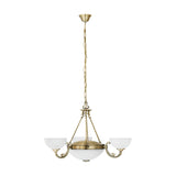 Walbane Glass 3-Light Pendant in bronze finish with scrolled arms holding white satin glass shades around a central frosted glass bowl, hung from a chain on a ceiling rose.