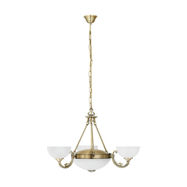 Walbane Glass 3-Light Pendant in bronze finish with scrolled arms holding white satin glass shades around a central frosted glass bowl, hung from a chain on a ceiling rose.