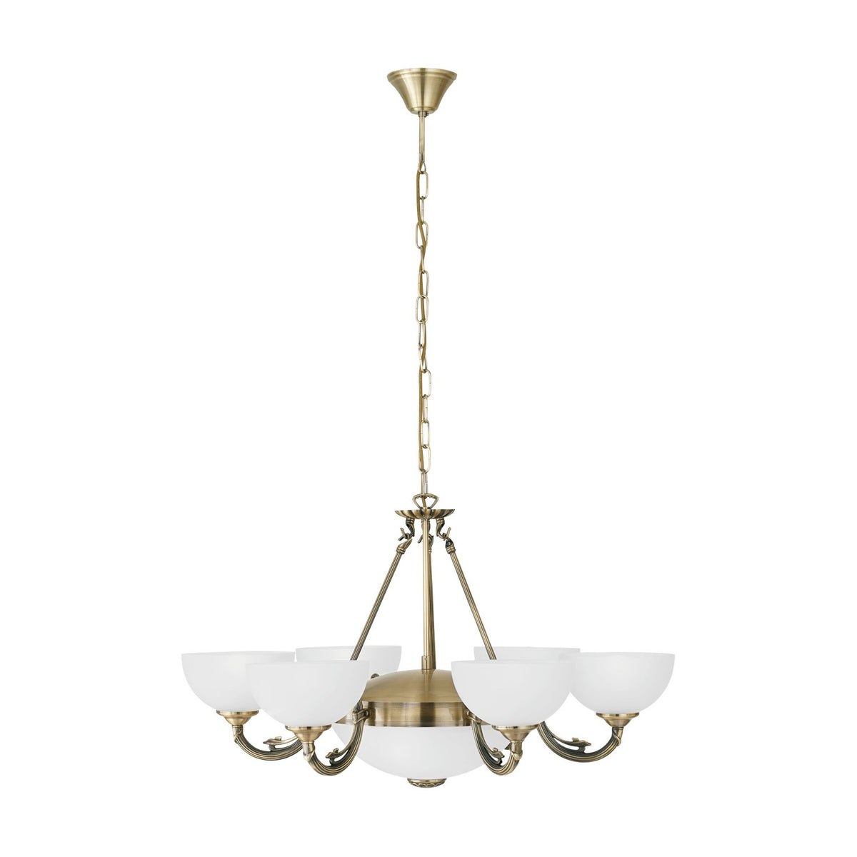 Walbane six-light pendant in bronze with frosted glass bowl shades on curved reeded arms around a central glass bowl, hung from a chain and canopy on a white background.
