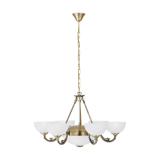 Walbane six-light pendant in bronze with frosted glass bowl shades on curved reeded arms around a central glass bowl, hung from a chain and canopy on a white background.