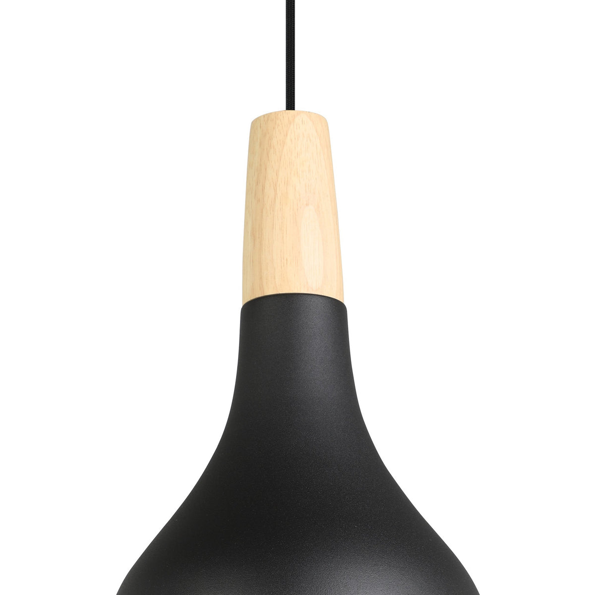 Close-up of the Walette 18cm pendant light, showing its matt black teardrop steel shade with a light brown wood collar on a black cord, against a plain white background.