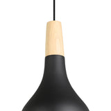 Close-up of the Walette 18cm pendant light, showing its matt black teardrop steel shade with a light brown wood collar on a black cord, against a plain white background.
