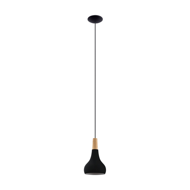 Walette Pendant Light 18cm in Black & Brown, a single teardrop steel shade with a light wood collar on a black cord and round ceiling plate, shown on a plain white background.