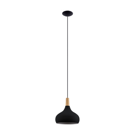 Walette Pendant Light 28cm in black steel with a tapered light brown wood neck, single E27 fitting on a black cord, shown on a plain white background.