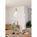 Walette Wooden Pendant Light 18cm in white steel with a wood collar, teardrop shade hanging above a wooden dining table in a living room setting.