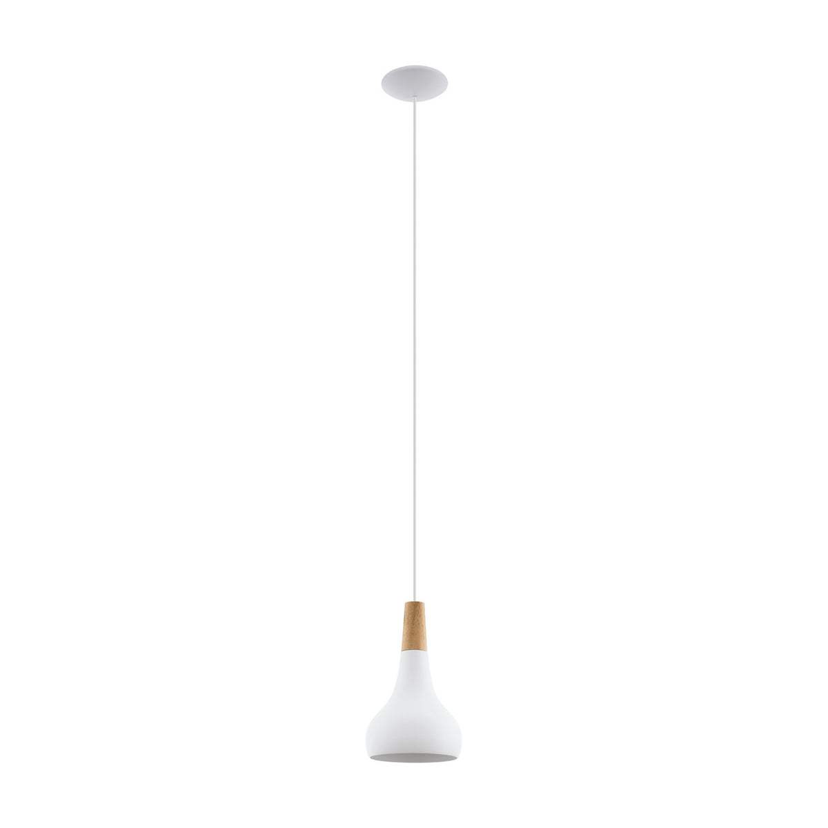 Walette Wooden Pendant Light 18cm in white, a single-light teardrop-shaped steel pendant with a wooden collar at the cable, shown on a plain white background.