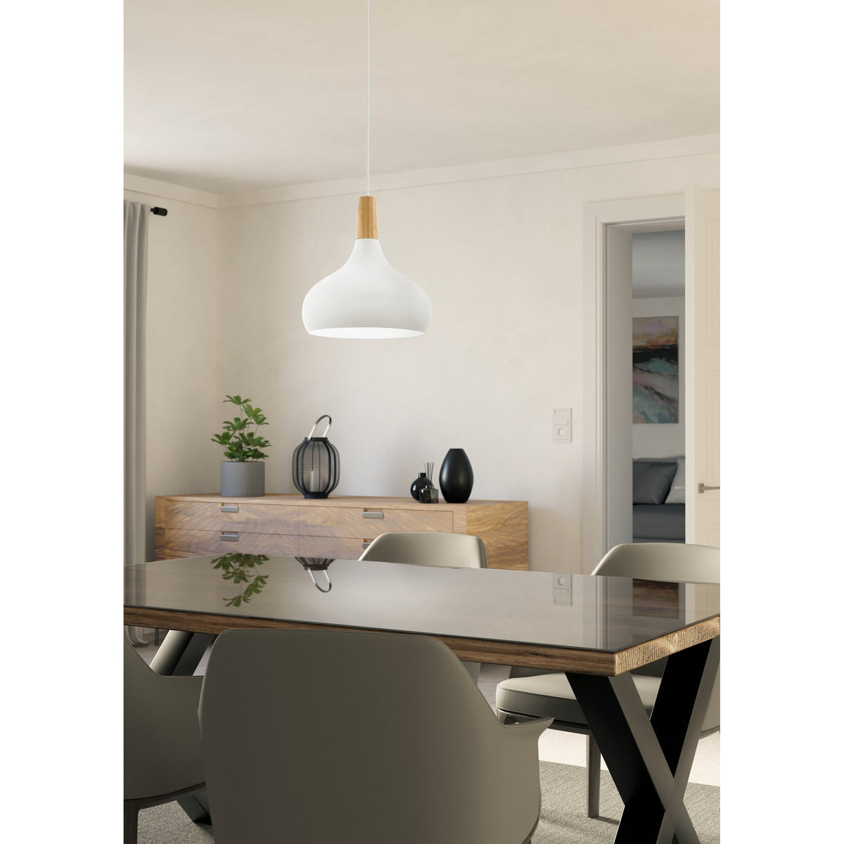Walette Wooden Pendant Light, 28cm white steel dome with brown wood collar, hung above a dining table in a neutral-toned dining room.