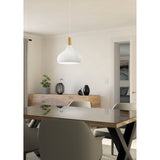 Walette Wooden Pendant Light, 28cm white steel dome with brown wood collar, hung above a dining table in a neutral-toned dining room.