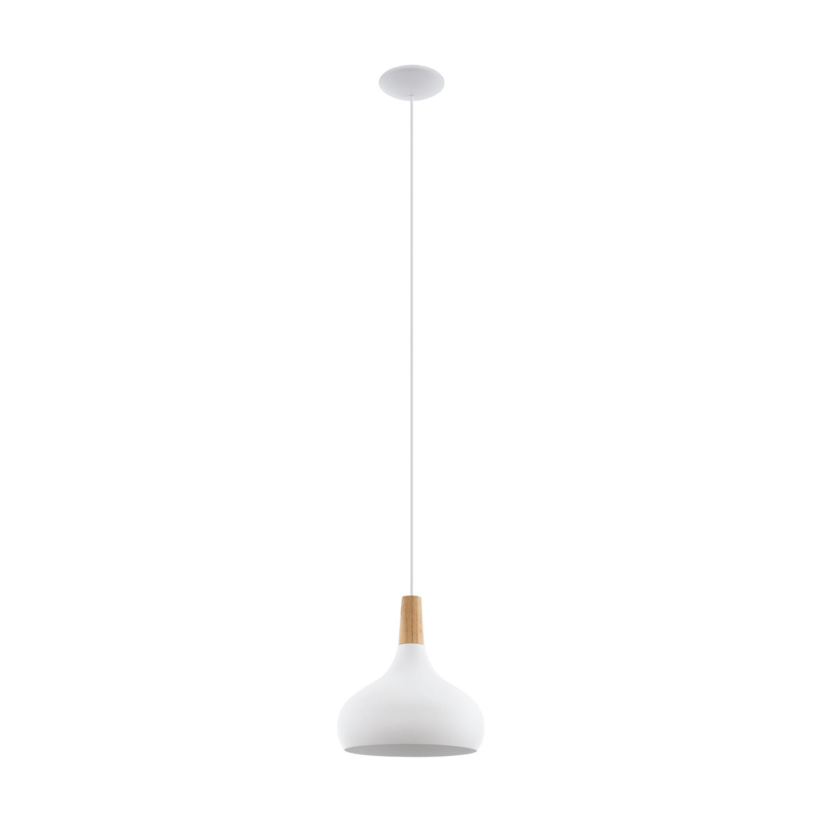 Walette Wooden Pendant Light 28cm in White, a single-light fixture with a smooth white steel dome shade and brown wood collar, shown on a plain white background.