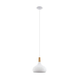 Walette Wooden Pendant Light 28cm in White, a single-light fixture with a smooth white steel dome shade and brown wood collar, shown on a plain white background.