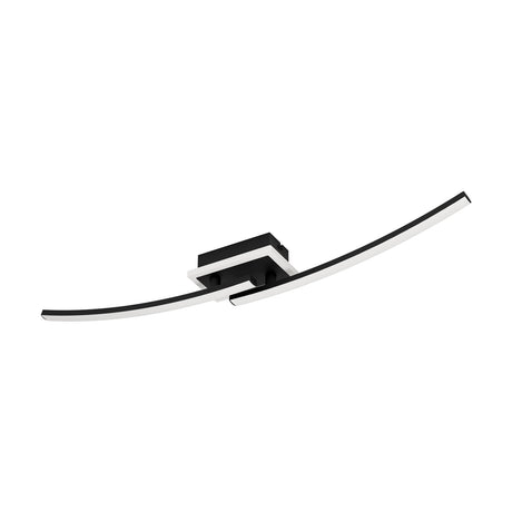 Warvanne LED flush ceiling light with two curved arms extending from a square black base, white plastic diffusers, steel and plastic black finish, shown on a plain white background.
