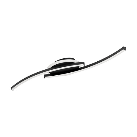 Warvanne LED flush ceiling light with two crossing curved black steel arms and white diffuser edges over a round central canopy, shown on a plain white background.
