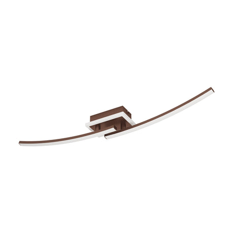 Warvanne LED Flush Ceiling Light in bronze, featuring two slim curved arms crossing beneath a square base, each lined with a white LED diffuser, shown on a plain white background.