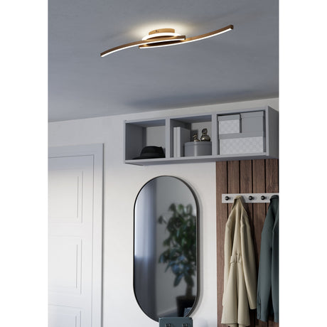 Warvanne LED flush ceiling light in bronze with two curved, crossing bars on a round canopy, shown illuminated above a hallway with a mirror and storage shelf.