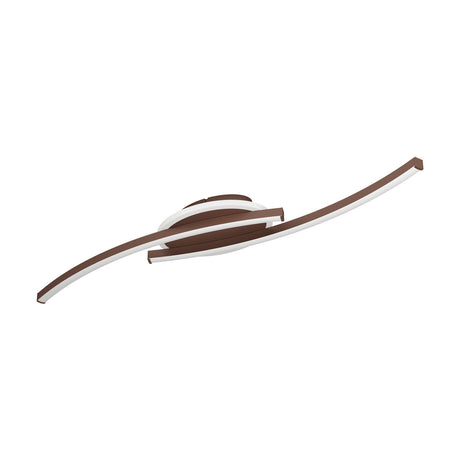 Warvanne LED Flush Ceiling Light in bronze, featuring two curved steel bars crossing over a round canopy with white diffuser strips, shown on a plain white background.