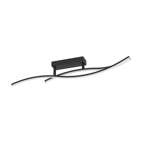Wasmane LED flush ceiling light in black, featuring two slim wave-shaped bars with white diffusers crossing beneath a rectangular canopy, shown on a plain white background.