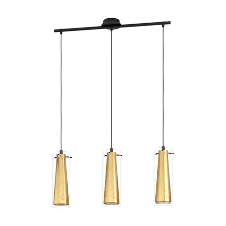 Wasmelle 3-light linear pendant with a black steel ceiling bar, black cords, and clear glass cylinders enclosing tapering gold cone shades, shown on a white background.