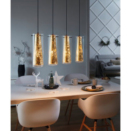 Wasmelle 4-light linear pendant with black ceiling frame and cords, clear glass cylinders around gold leaf-textured cones, shown lit above a dining table.