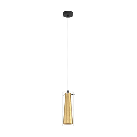 Wasmelle Glass Pendant Light in black, with a clear glass cylinder surrounding a tapered gold inner cone, suspended on a black flex from a round black ceiling rose against a plain white background.