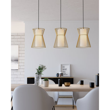 Wasvine Glass Linear Pendant Light in Gold, three hourglass wire shades with white opal glass cylinders on black cords, shown over a dining table.