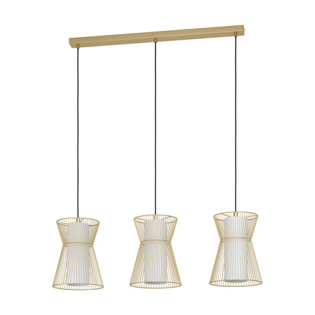 Wasvine 3-light linear pendant with a slim gold steel ceiling bar, black cords, and hourglass wire cage shades surrounding white opal glass cylinders, on a plain white background.