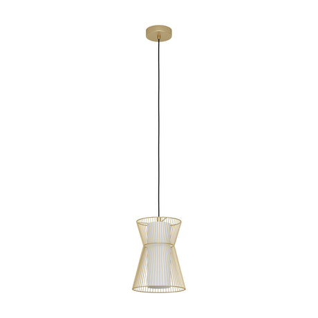 Wasvine Gold Glass Pendant Light with hourglass steel wire cage, white opal glass cylinder, black cord, and round ceiling mount, shown on a white background.