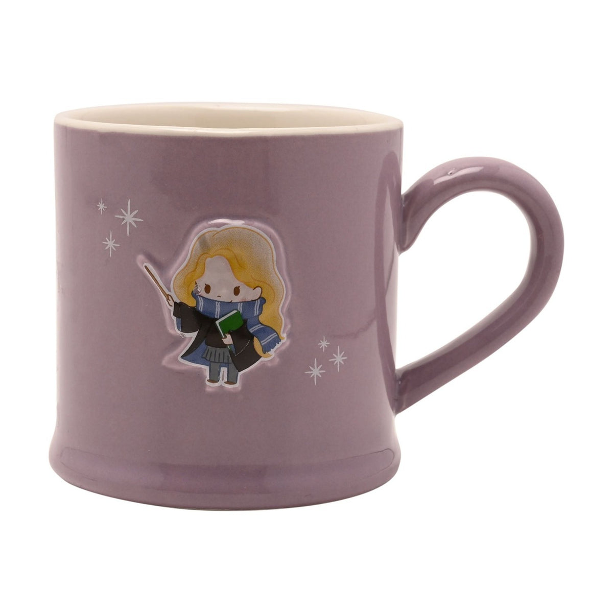 Purple stoneware mug with cream interior, featuring an embossed cartoon figure of Luna holding a wand and green book, surrounded by white star details, shown on a plain white background.