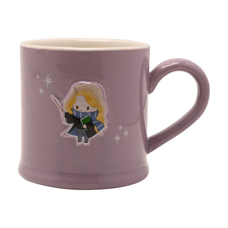 Purple stoneware mug with cream interior, featuring an embossed cartoon figure of Luna holding a wand and green book, surrounded by white star details, shown on a plain white background.