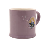 Purple stoneware mug with cream interior, featuring an embossed cartoon Luna with wand, book, and striped scarf, plus star details, on a plain white background.