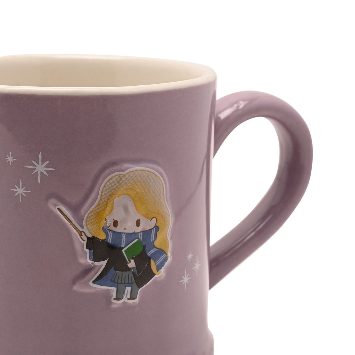 Close-up of a purple stoneware mug with a cream interior, featuring an embossed Luna design holding a wand and green book, with white star accents, on a plain white background.