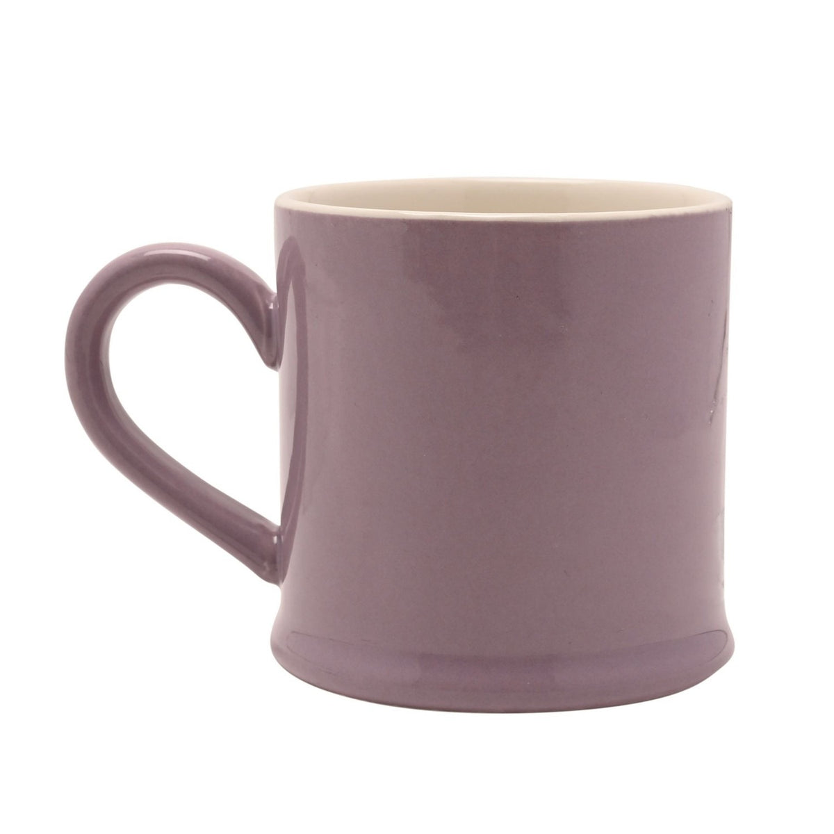 Purple stoneware mug with cream interior and a curved handle, shown plain on a white background.
