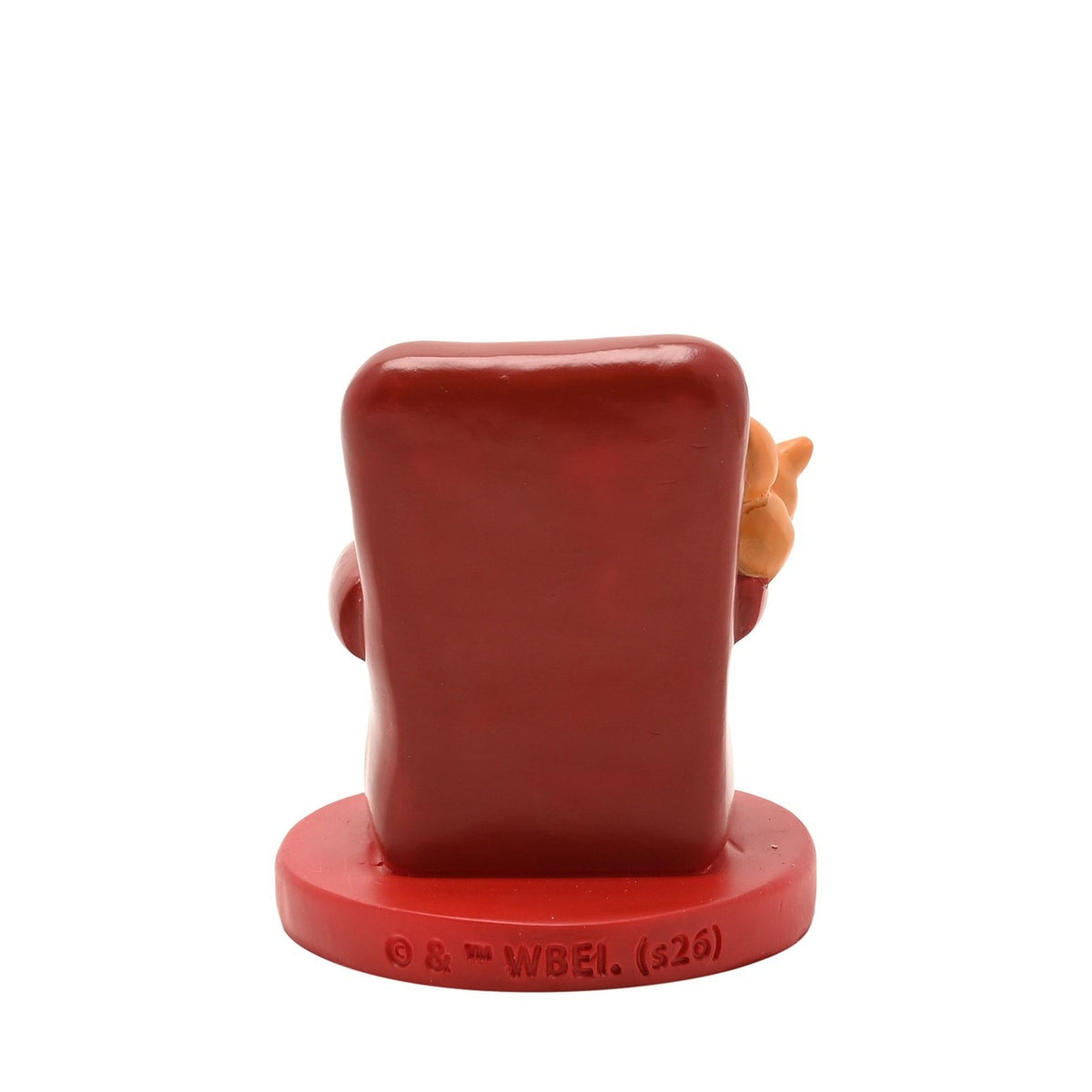Rear view of the Harry Potter Hermione and Crookshanks resin figurine, showing the red armchair back with Crookshanks peeking over the top, on a round embossed base, against a plain white background.