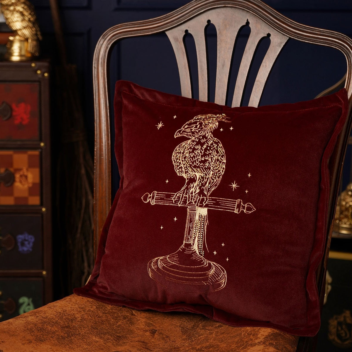 Harry Potter Fawkes Embroidered Velvet Cushion 40cm - Red