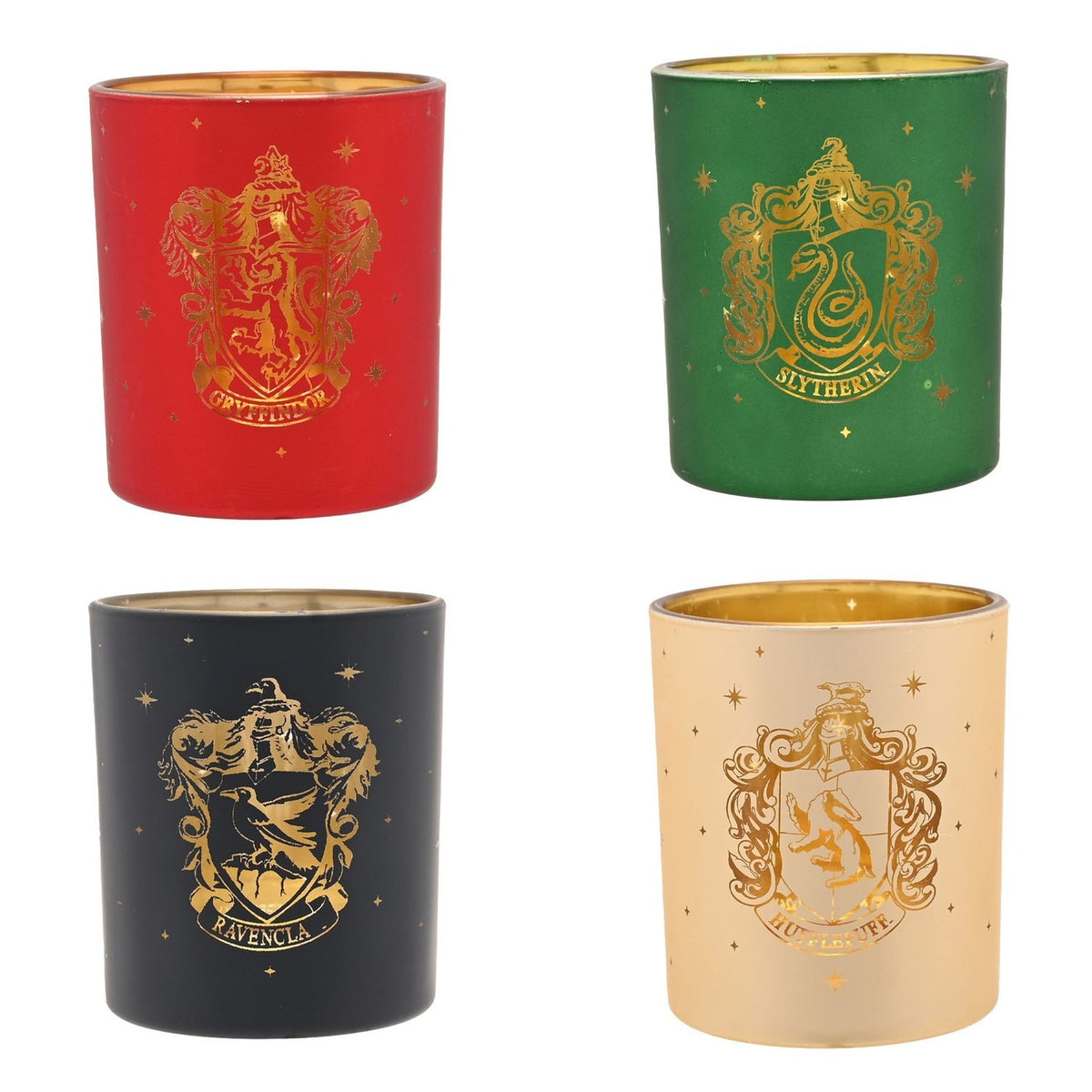 Set of 4 round glass tealight candle holders in red, green, black and cream, each with a gold Hogwarts house crest and name scroll, on a white background.