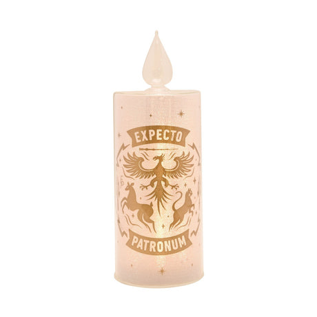Harry Potter Patronus Crest glass LED candle, 26cm, white pillar with gold "Expecto Patronum" text, phoenix and leaping animals design, clear flame-tip top, on a plain white background.