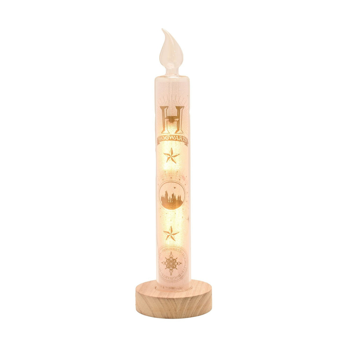 Harry Potter Hogwarts Yule Ball LED candle, 29.5cm white glass column with gold Hogwarts crest, star and castle skyline print, set on a round wooden base against a plain white background.