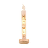 Harry Potter Hogwarts Yule Ball LED candle, 29.5cm white glass column with gold Hogwarts crest, star and castle skyline print, set on a round wooden base against a plain white background.