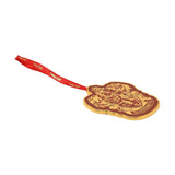 Harry Potter Gryffindor metal hanging decoration with gold crest and lion design on red epoxy ground, red ribbon loop, plain white background.