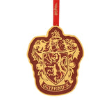 Harry Potter Gryffindor metal hanging decoration with gold crest, lion shield and knight helmet on deep red enamel, red ribbon, plain white background.