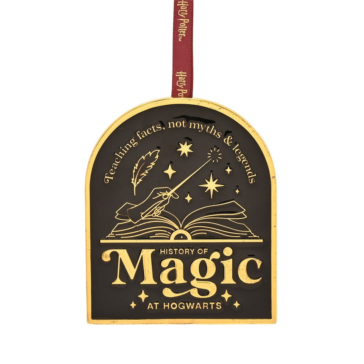 Arched black and gold metal decoration featuring Harry Potter's "History of Magic at Hogwarts" design with a wand over an open book, quill, and stars, on a burgundy ribbon against a white background.
