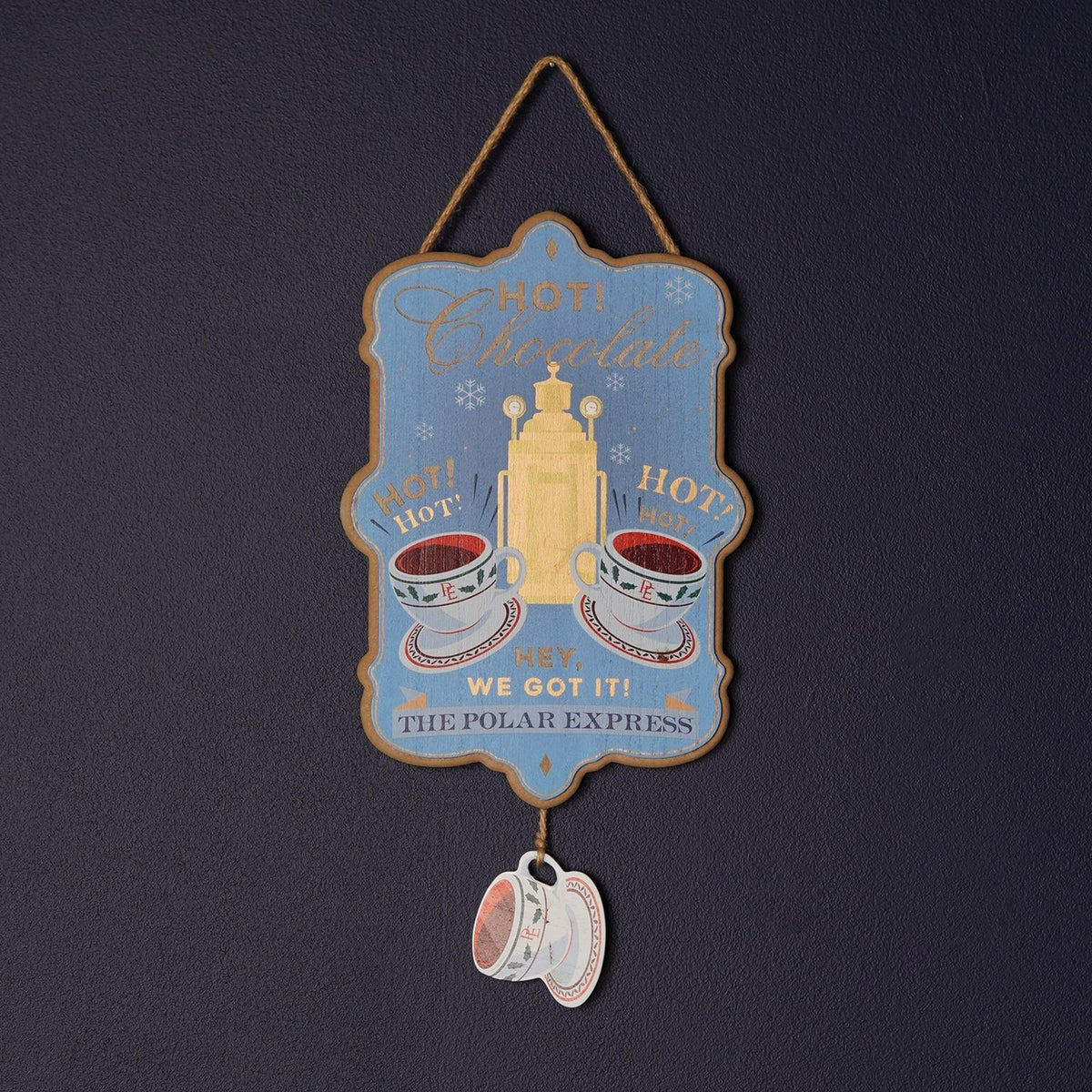 Hot Chocolate Hanging Wooden Plaque with Dangling Cup - Blue