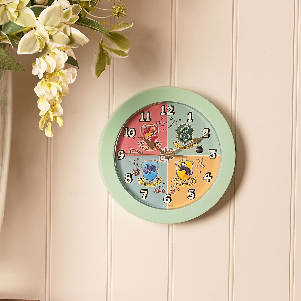 Harry Potter Four House Crests Round Wall Clock - Turquoise