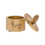 Round gold-finish Hedwig trinket box with "HEDWIG" scrolled on the base and a detailed owl figure handle on the lift-off lid, shown open on a white background.