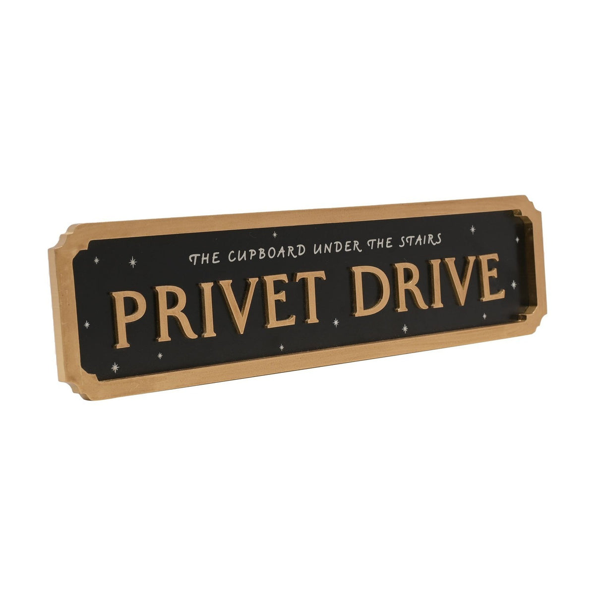 Harry Potter Privet Drive street sign plaque with notched gold border and raised gold lettering on a black, star-scattered face, shown at an angle on a white background.