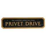 Harry Potter Privet Drive sign plaque with gold notched border, black starry face, gold Privet Drive lettering, and white The Cupboard Under the Stairs text.