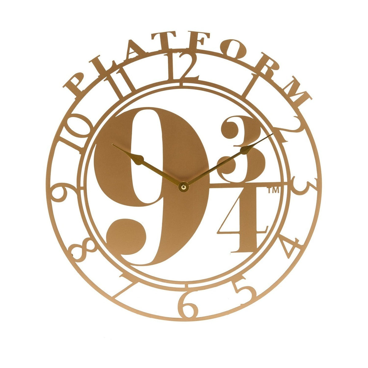 Gold cut-out round wall clock featuring "PLATFORM" arched across the top and a bold 9¾ dial, with open numeral ring and slim gold hands, shown on a plain white background.