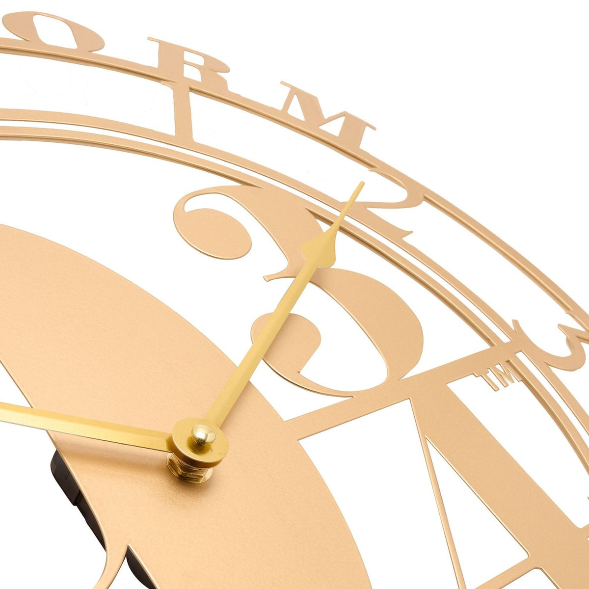 Close-up of the Harry Potter Platform 9¾ cut-out round wall clock in metallic gold, showing slim gold hands, bold 9¾ numeral and open-ring numerals against a white background.